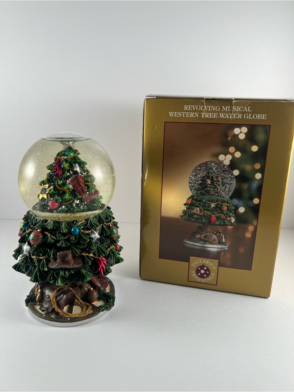 Dillards Trimmings Revolving Musical Western Tree Water Globe Cowboy Christmas